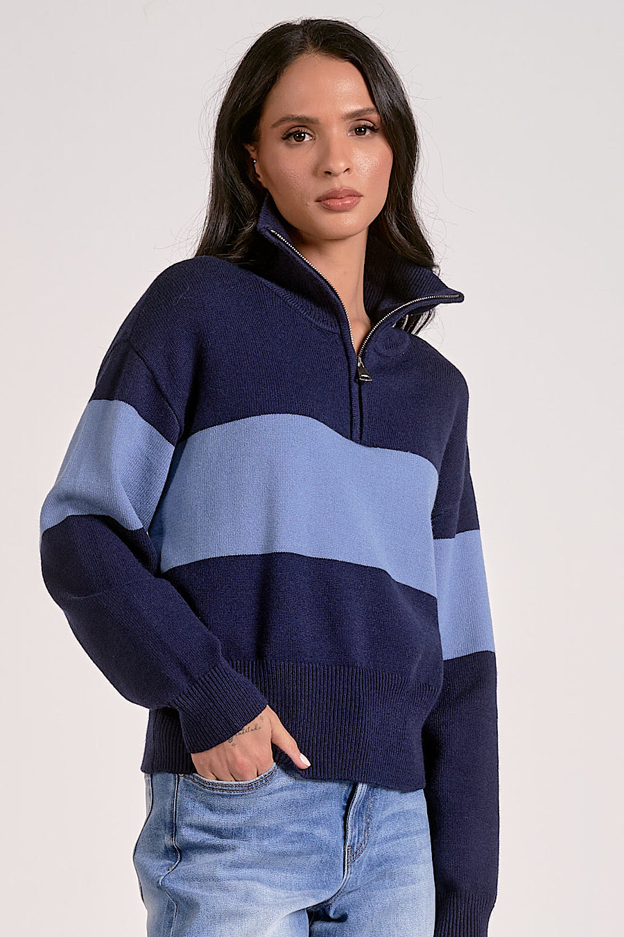 Academy Colorblock Zip Up Collar Sweater