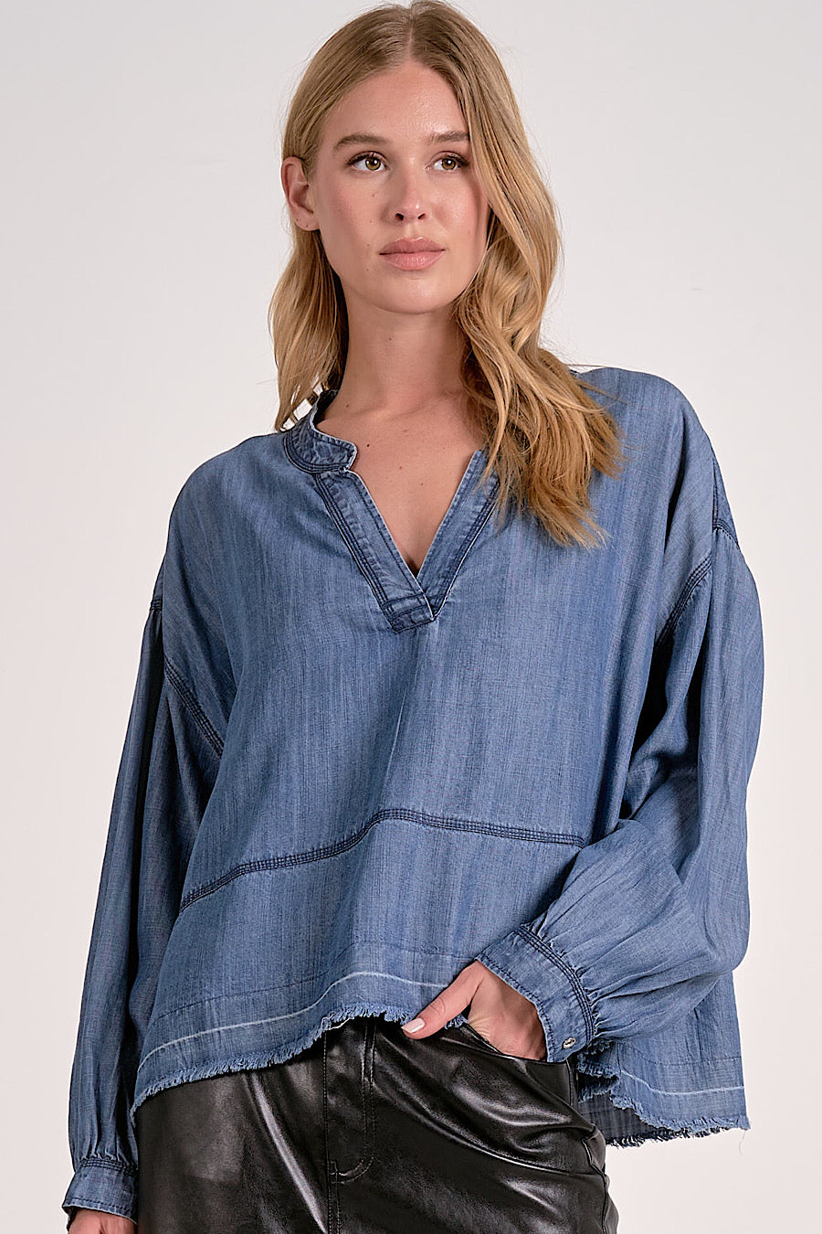 Unwind Denim Chambray Henley Top