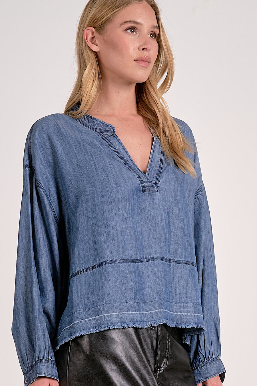 Unwind Denim Chambray Henley Top