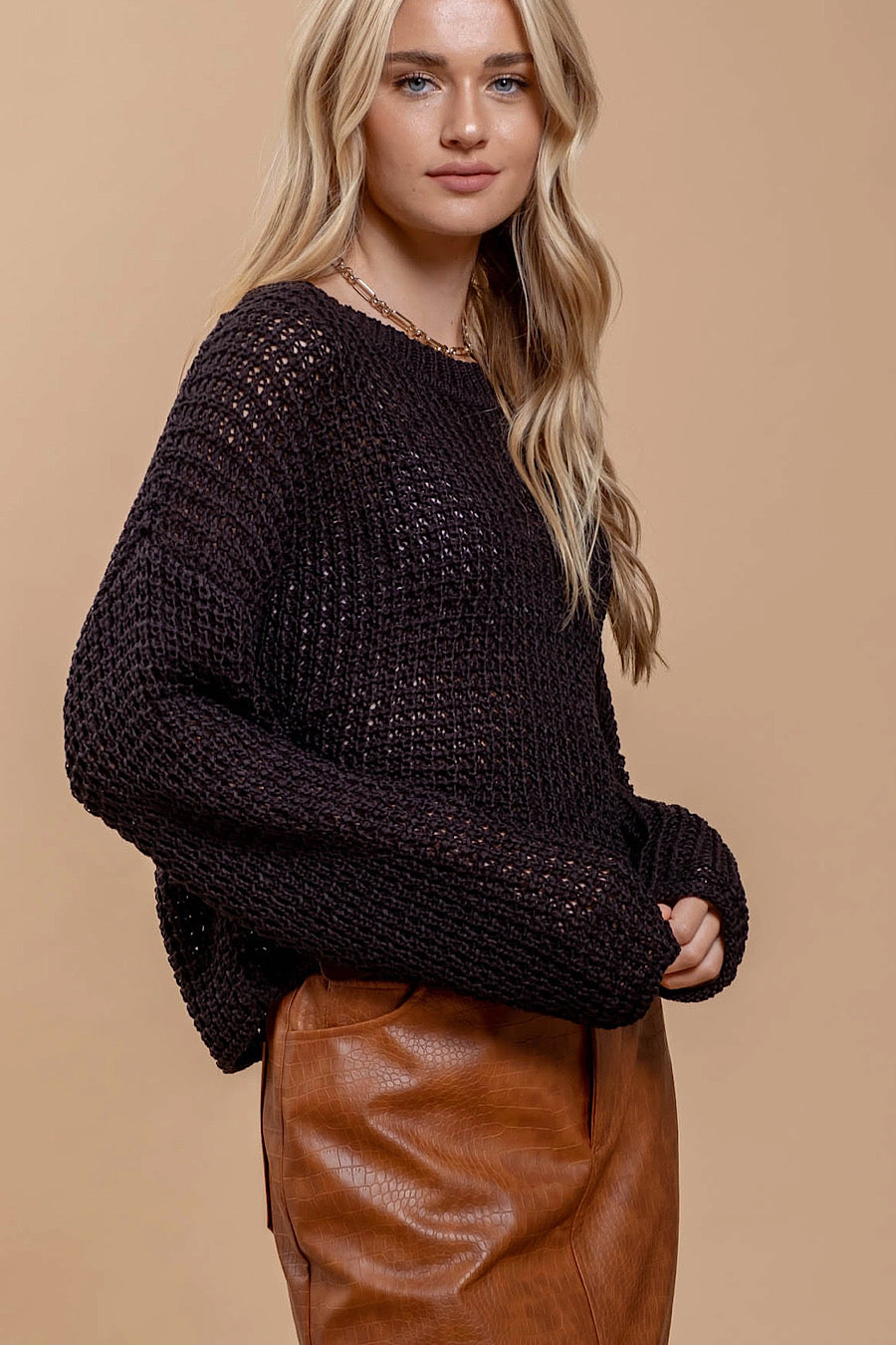 Maui Crochet Knitted Long Sleeve Top in Black