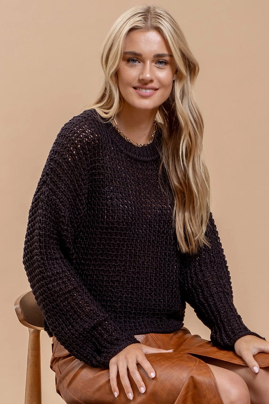 Maui Crochet Knitted Long Sleeve Top in Black