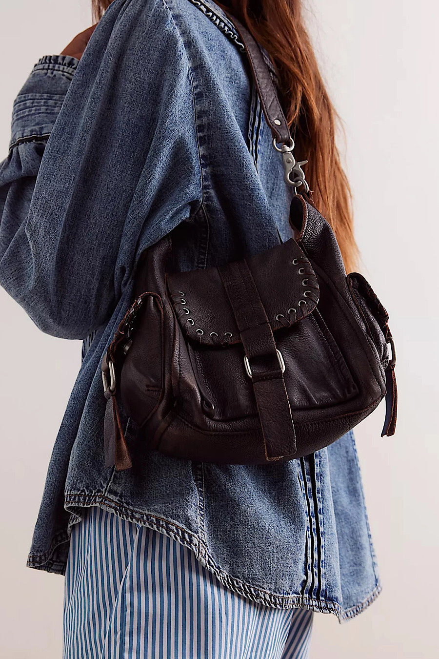 Free People Baby Leigh Distressed Leather Bag Graphite