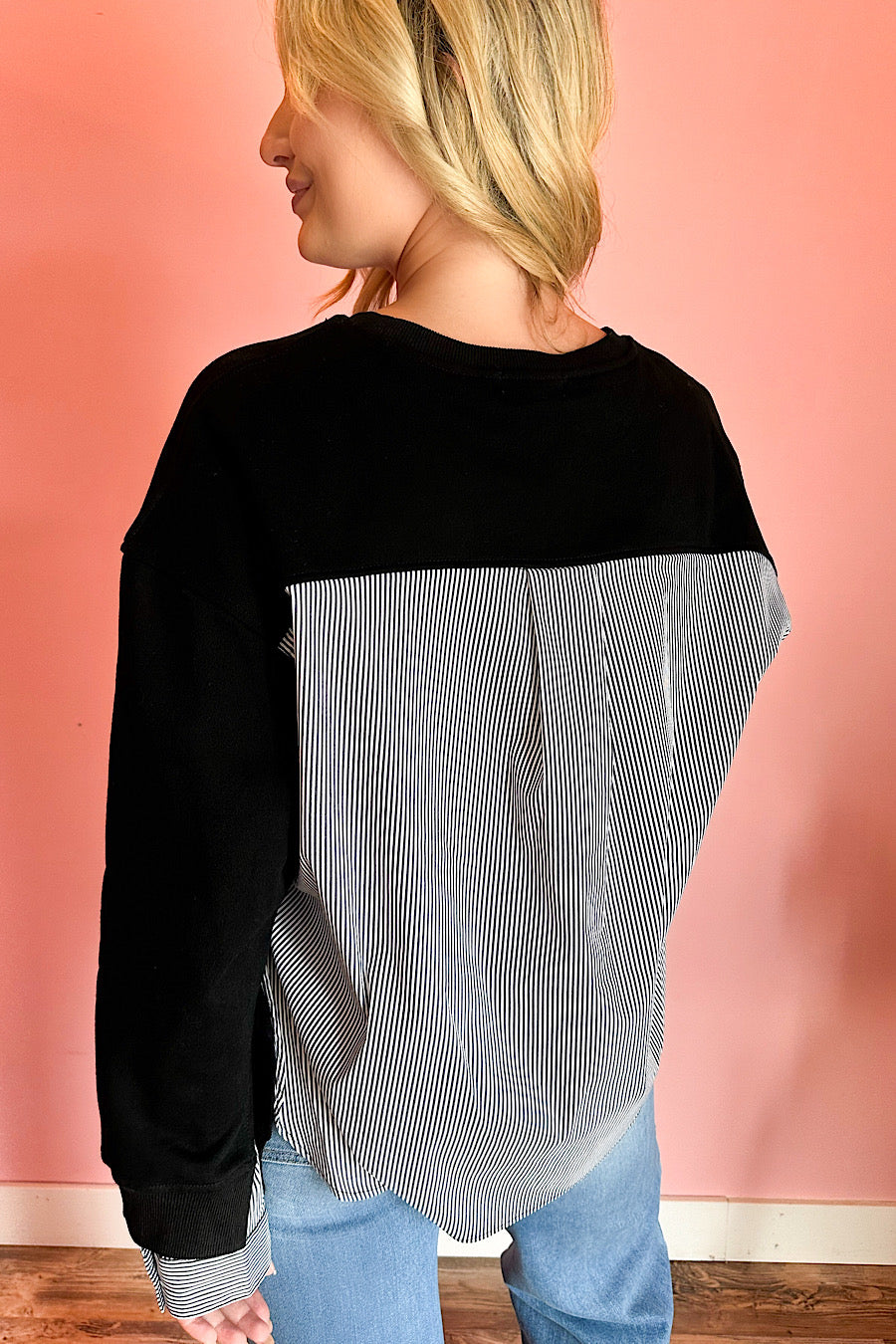 Striped Mixed Media Black Sweatshirt