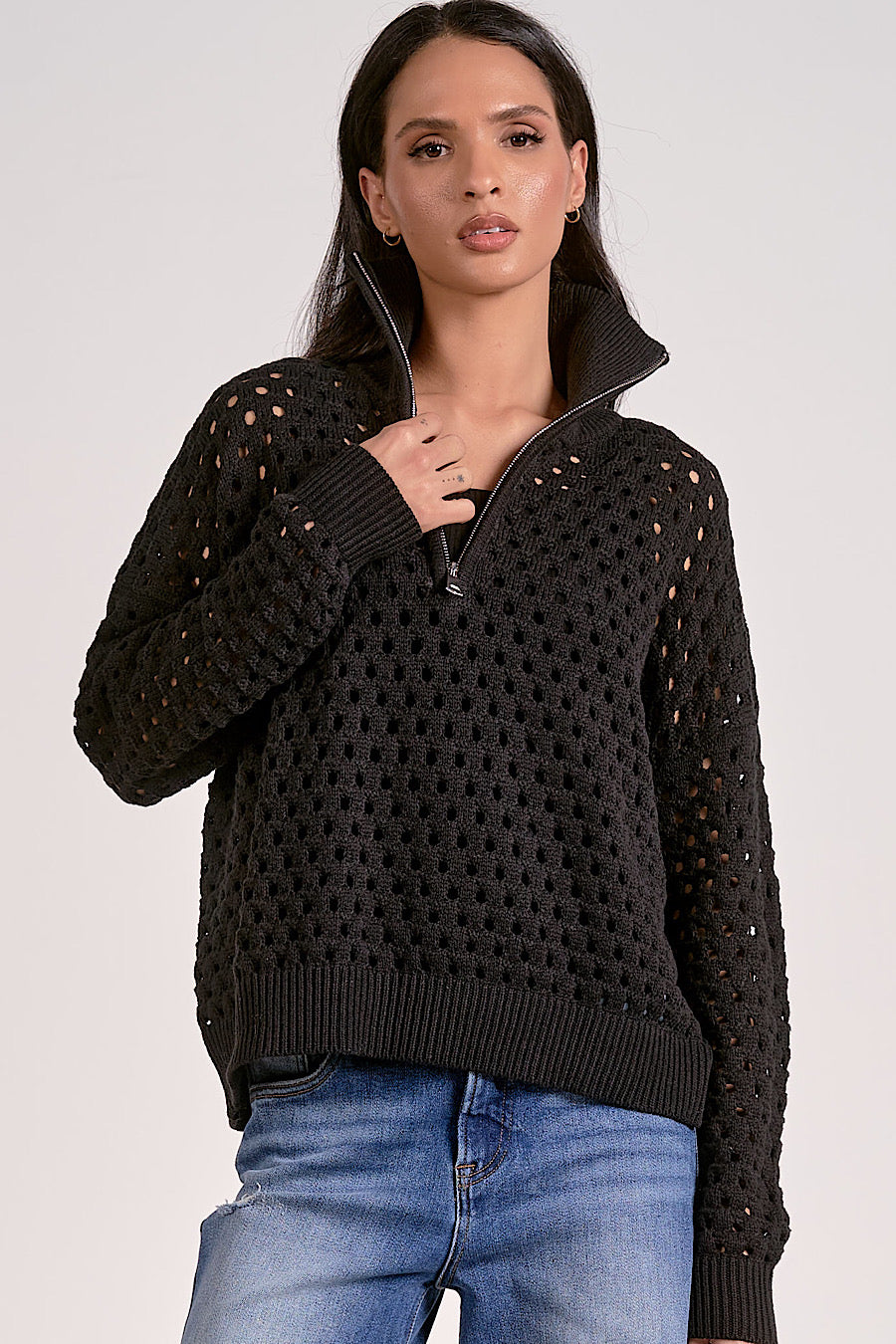 Ordinary Dreamer Zip Collar Knit Top Black