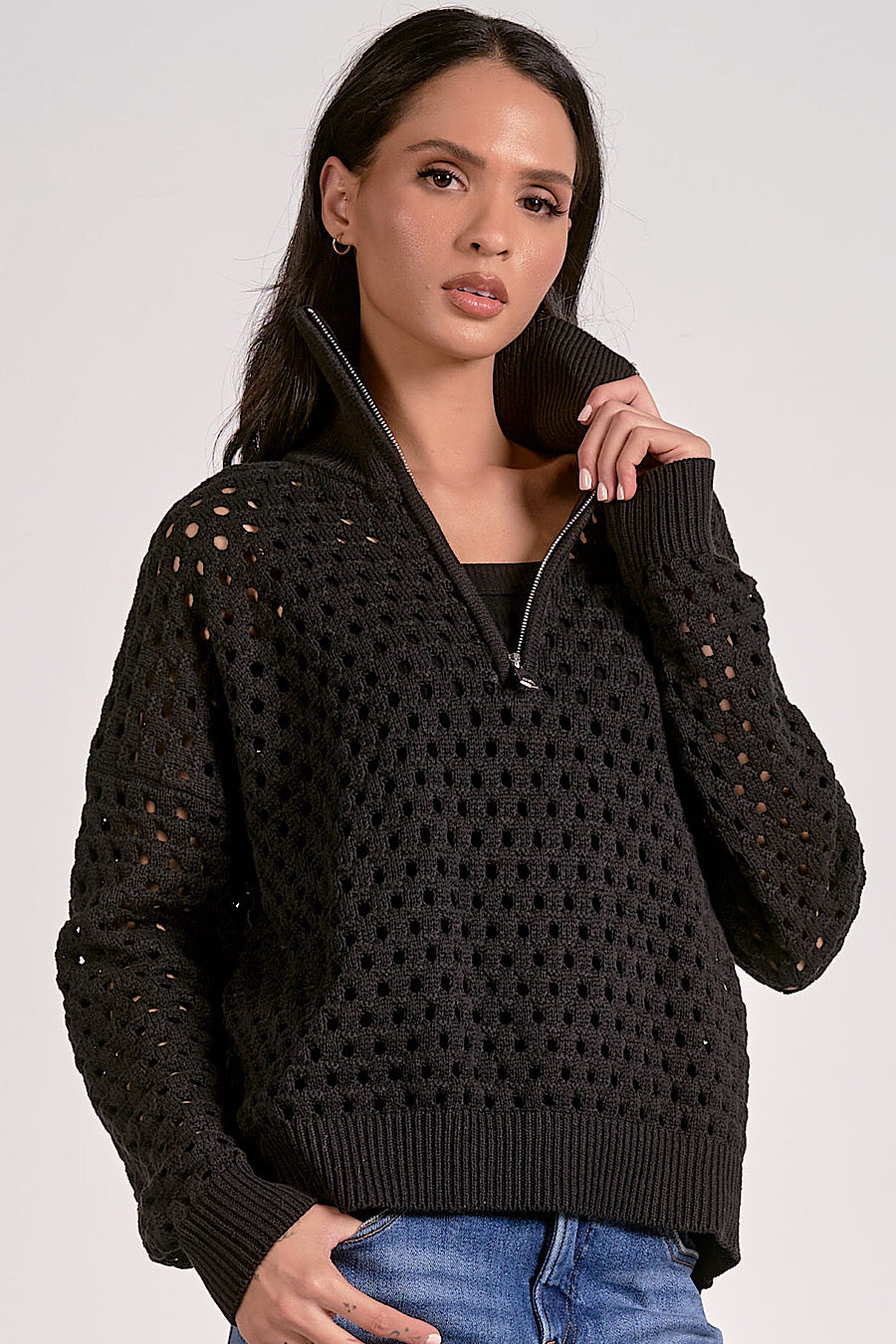 Ordinary Dreamer Zip Collar Knit Top Black