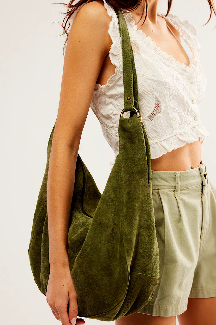 Free People Roma Suede Hobo Bag Olive Moss