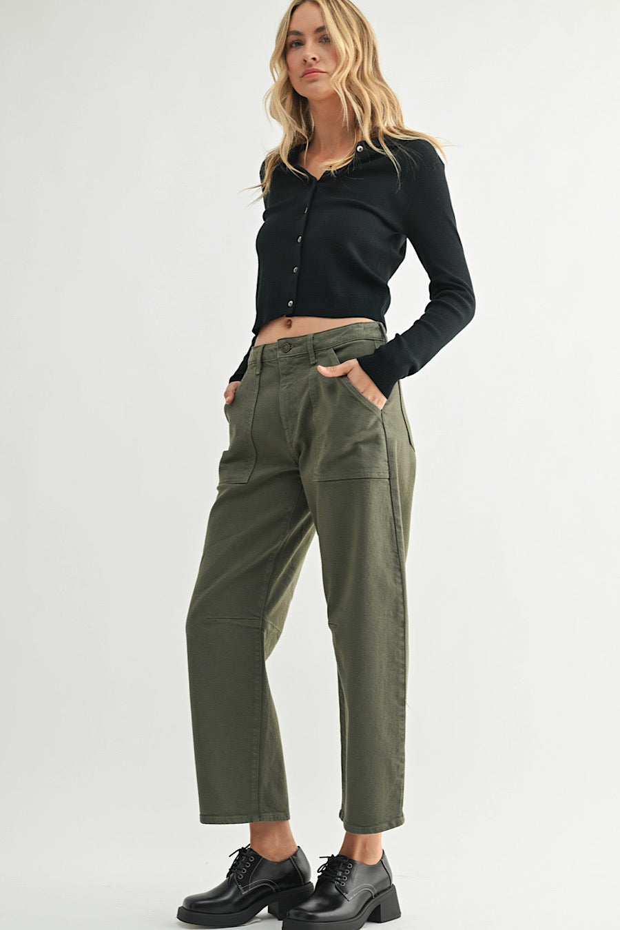 Dark Olive Utility Pocket Barrel Jean Pants