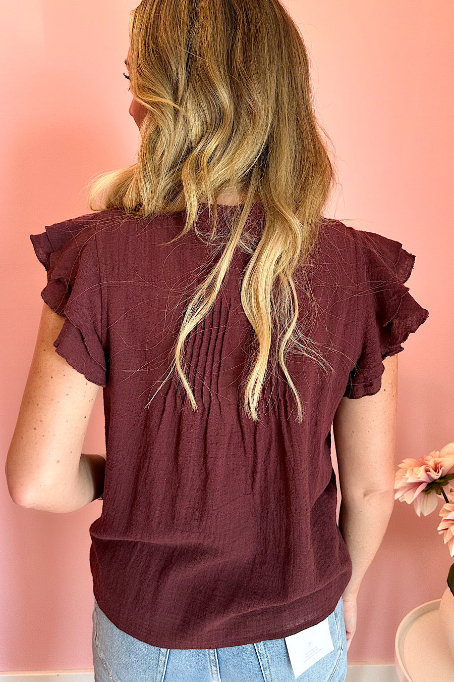 Together Forever Linen Ruffle Top Wine
