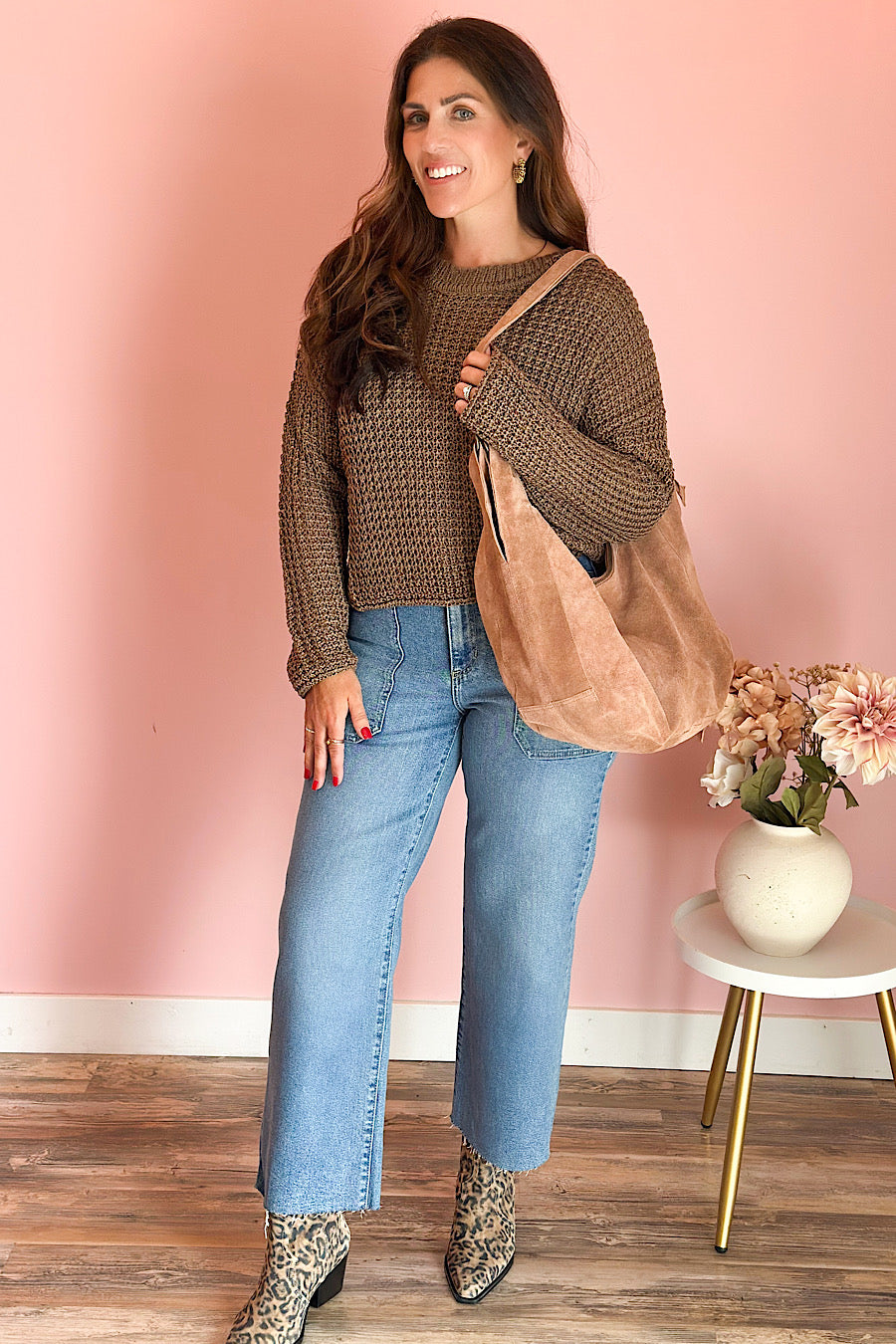 Maui Crochet Knitted Long Sleeve Top in Mocha