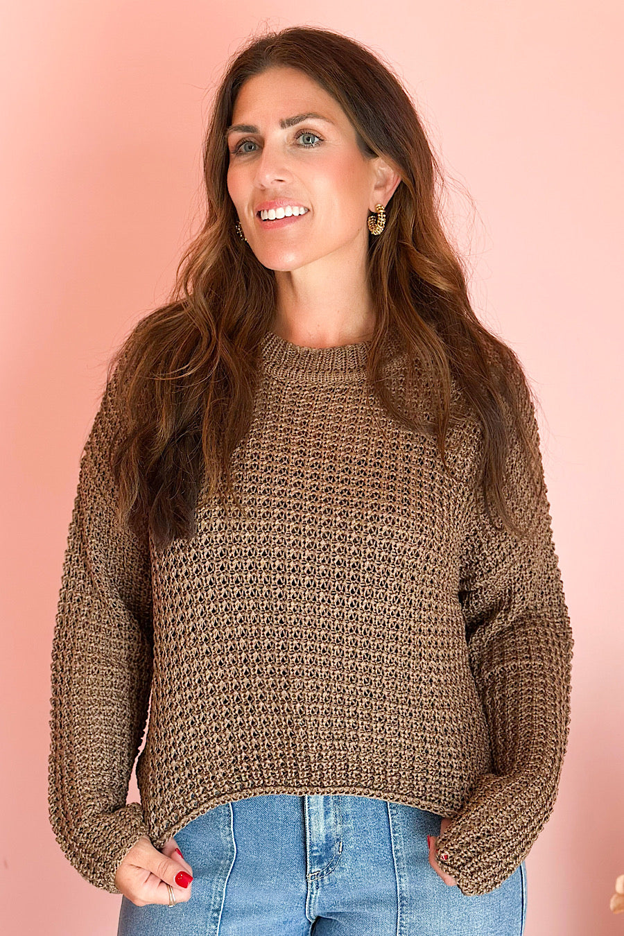Maui Crochet Knitted Long Sleeve Top in Mocha
