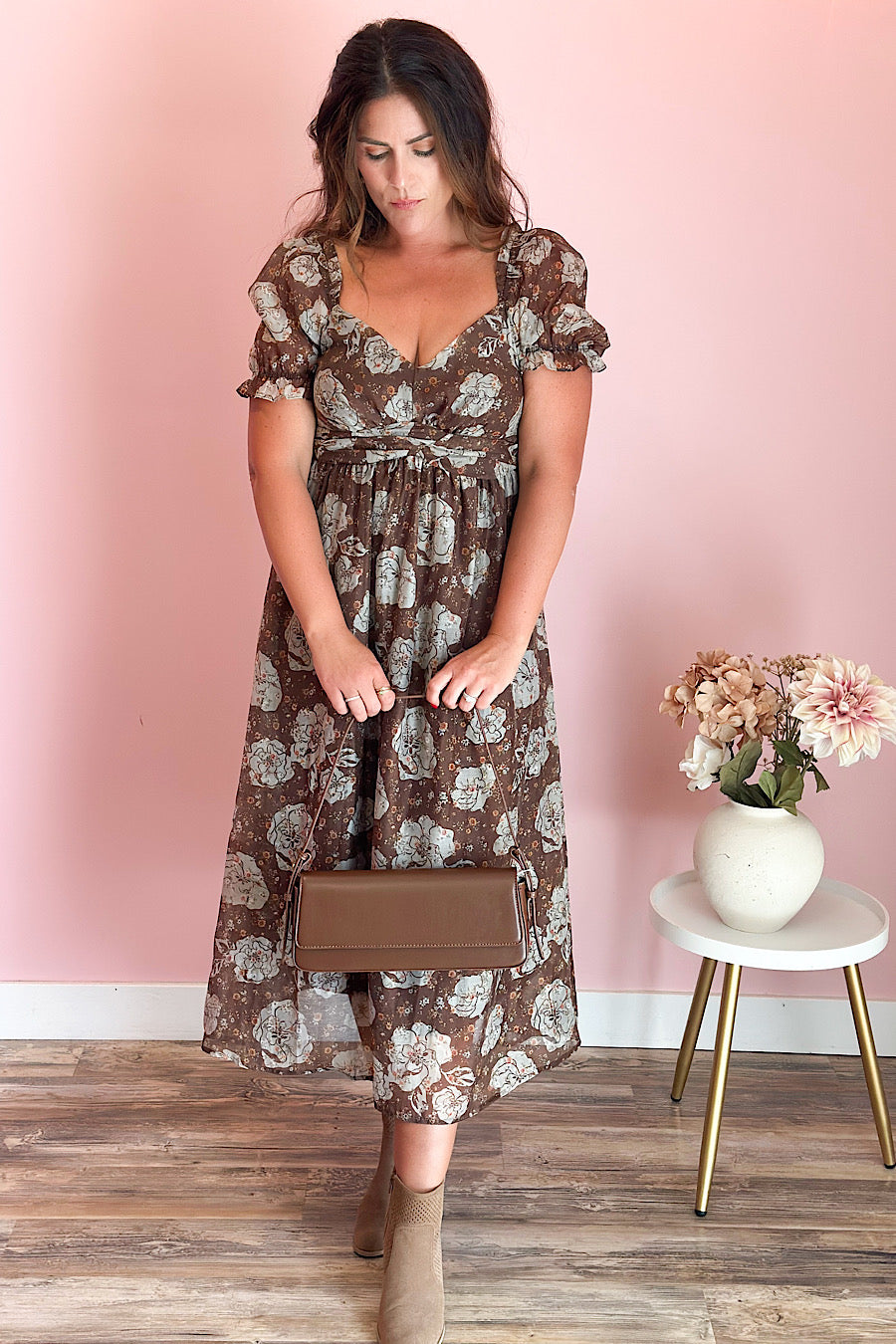 Down to Earth Floral Sweetheart Midi Dress