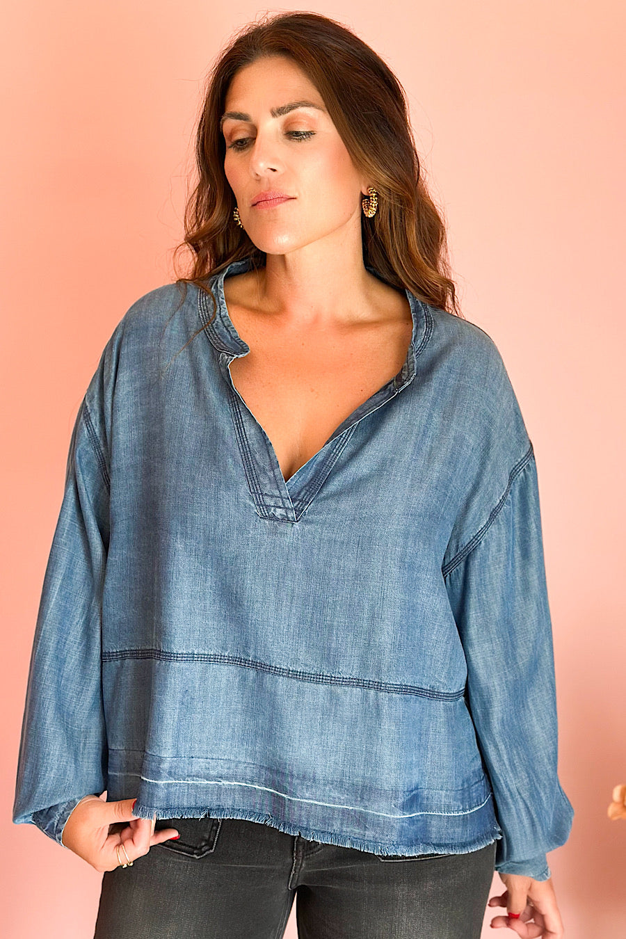 Unwind Denim Chambray Henley Top