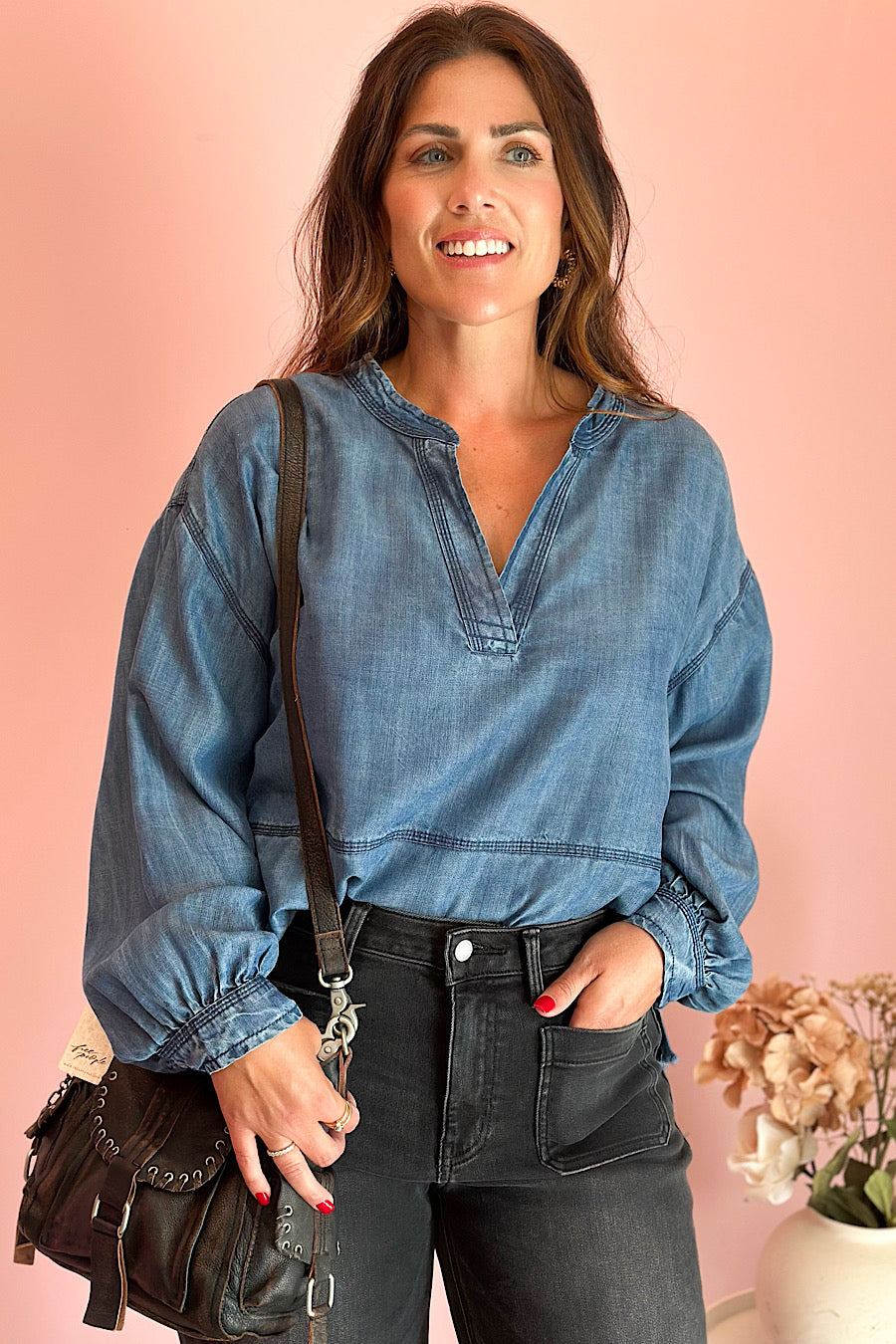 Unwind Denim Chambray Henley Top