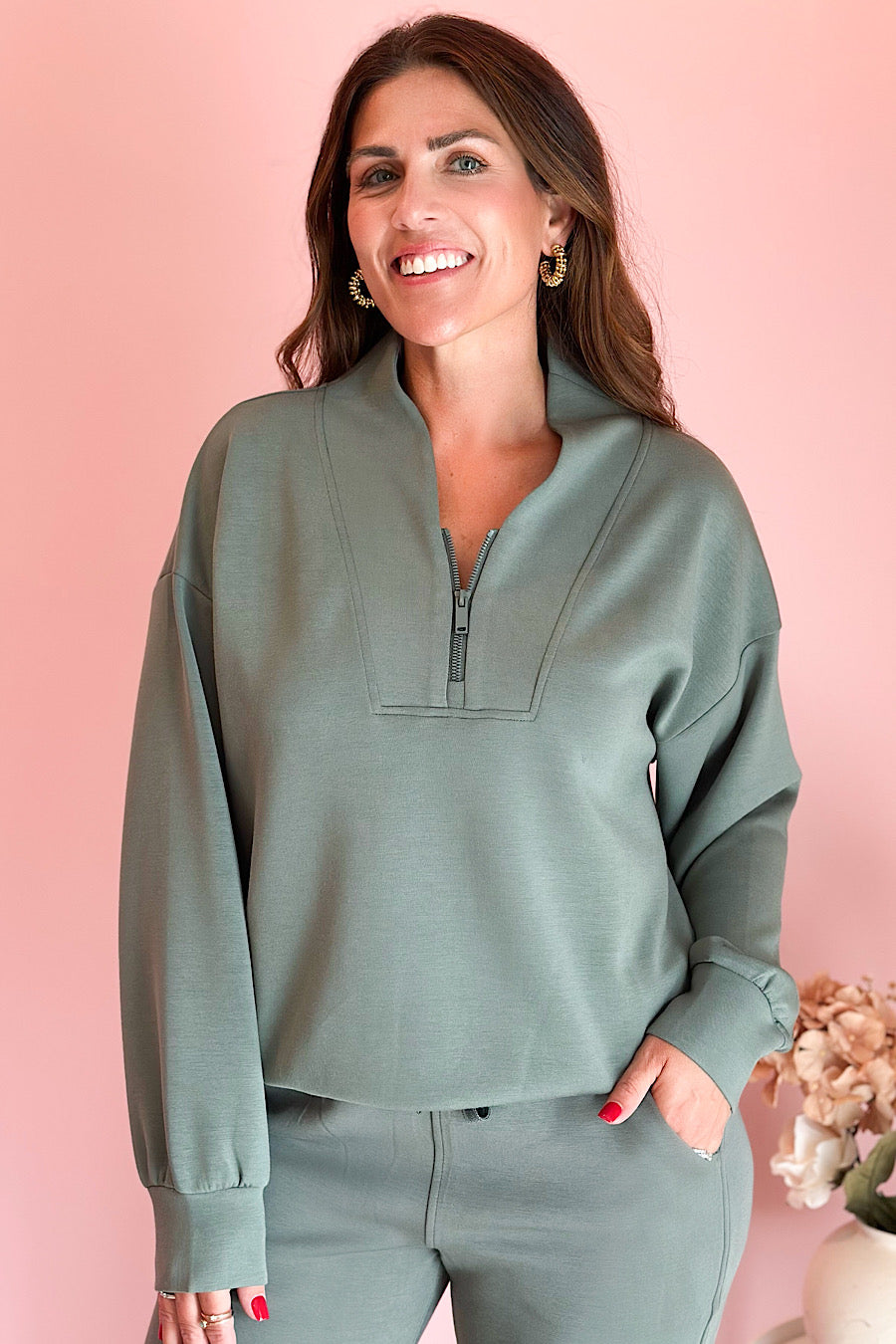 Modal Spandex Half Zip Sweatshirt Sage Green
