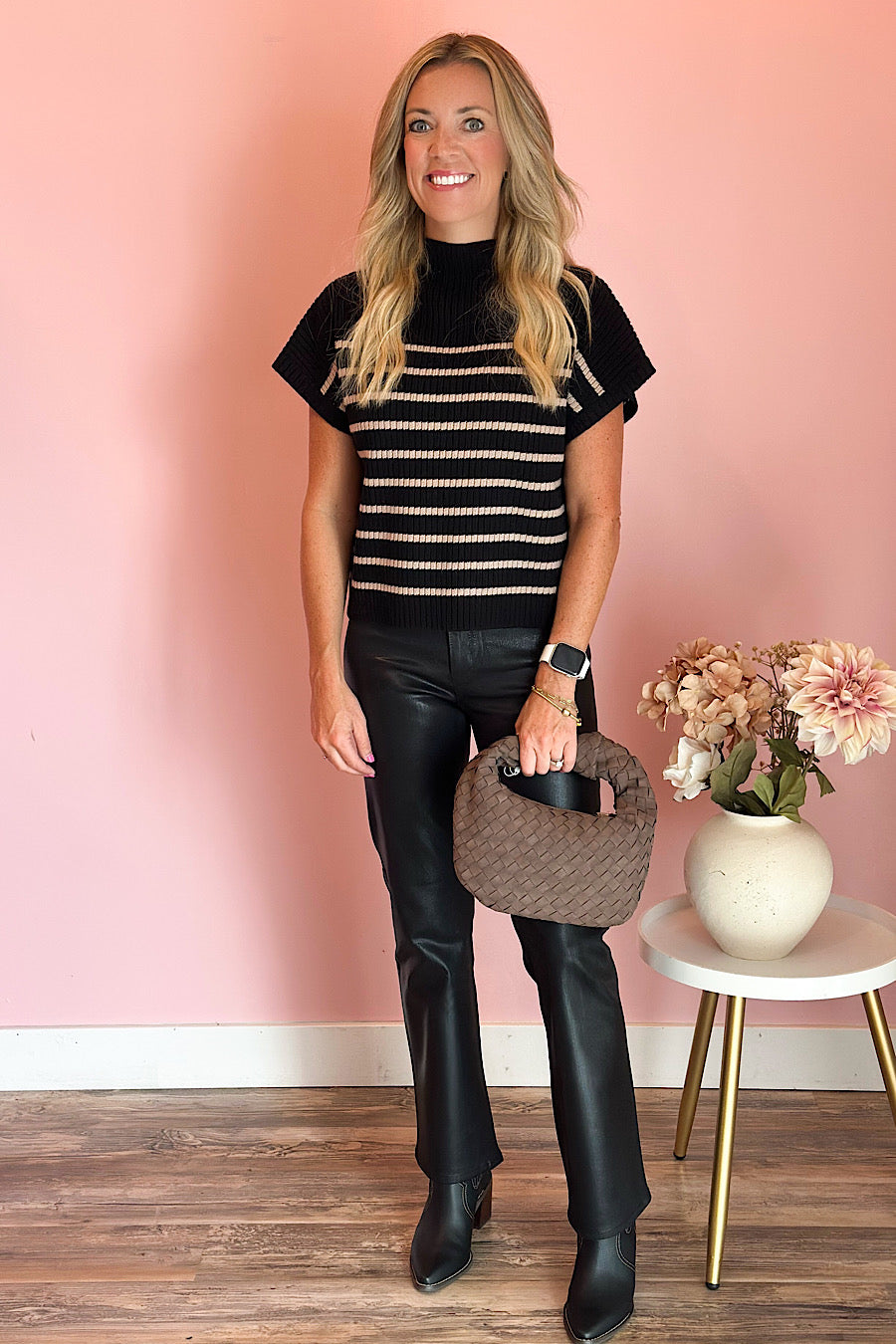 Ryanne Striped Mock Neck Sweater Black