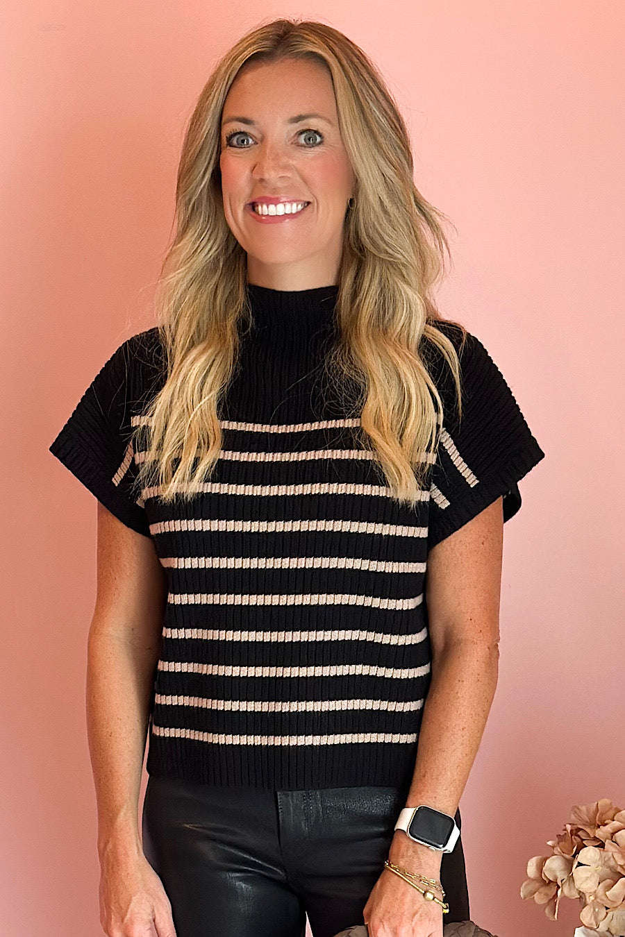 Ryanne Striped Mock Neck Sweater Black
