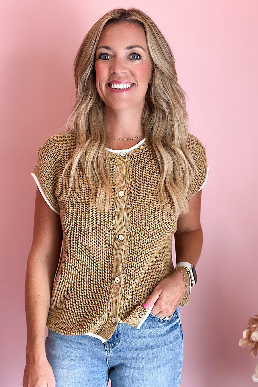 Serenade Buttoned 2-Way Trim Knit Tan