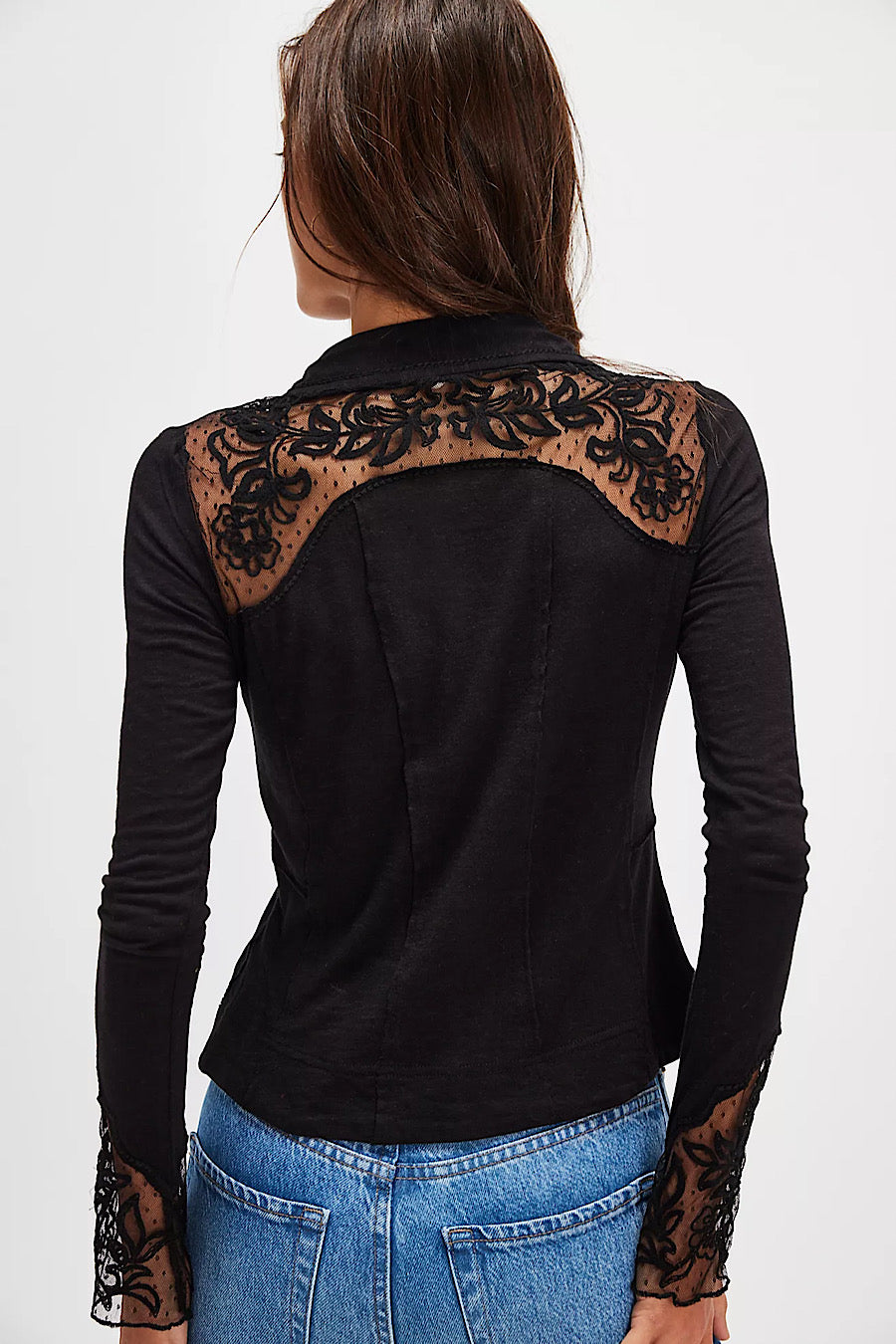Free People Lace Rosebud Cuff Henley Top Black