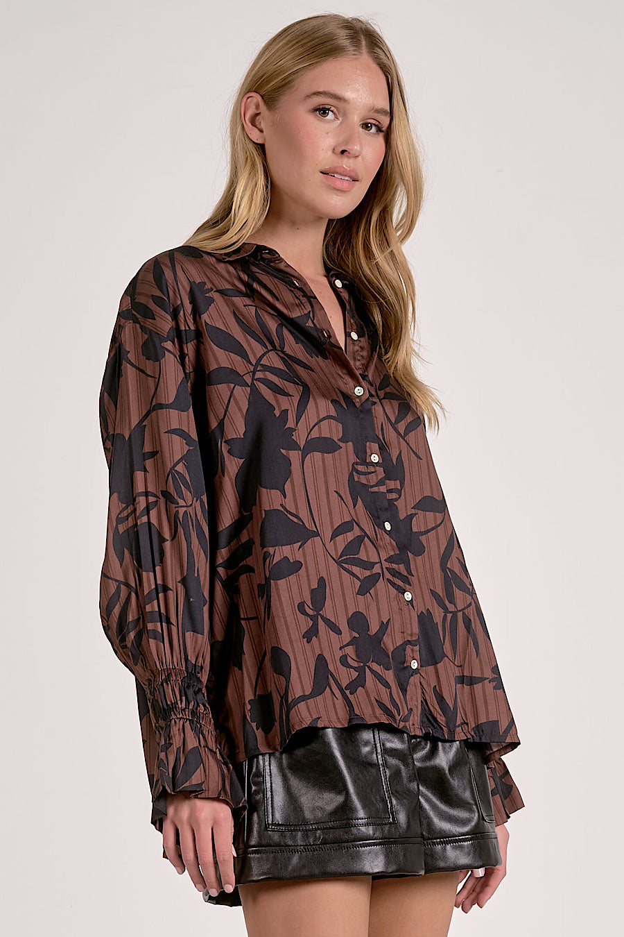 Brown Foliage Printed Flair Blouse