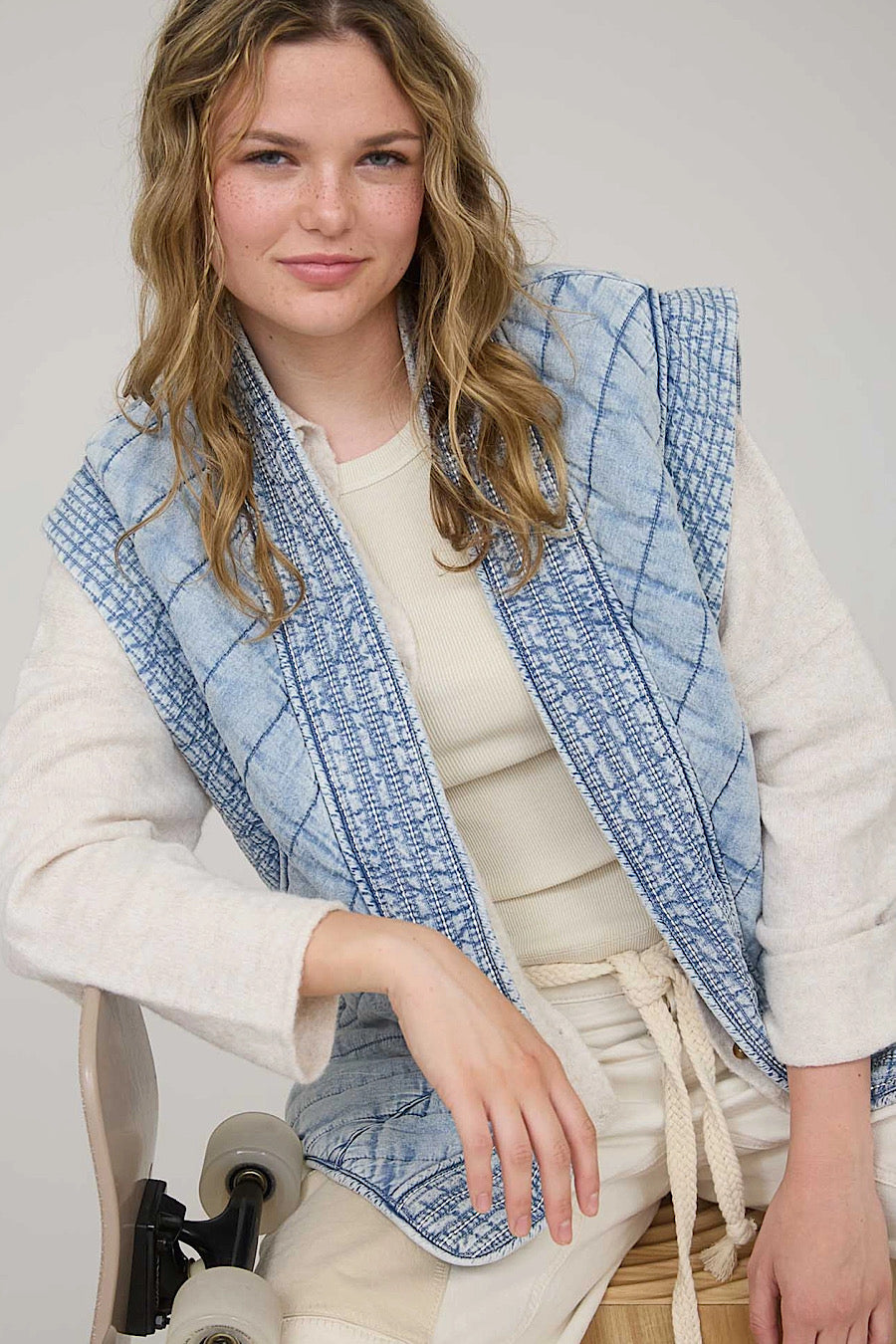 Idol Quilted Washed Denim Shawl Vest