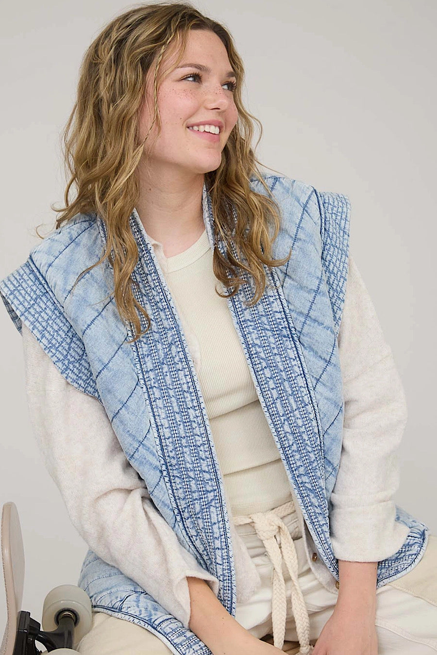 Idol Quilted Washed Denim Shawl Vest