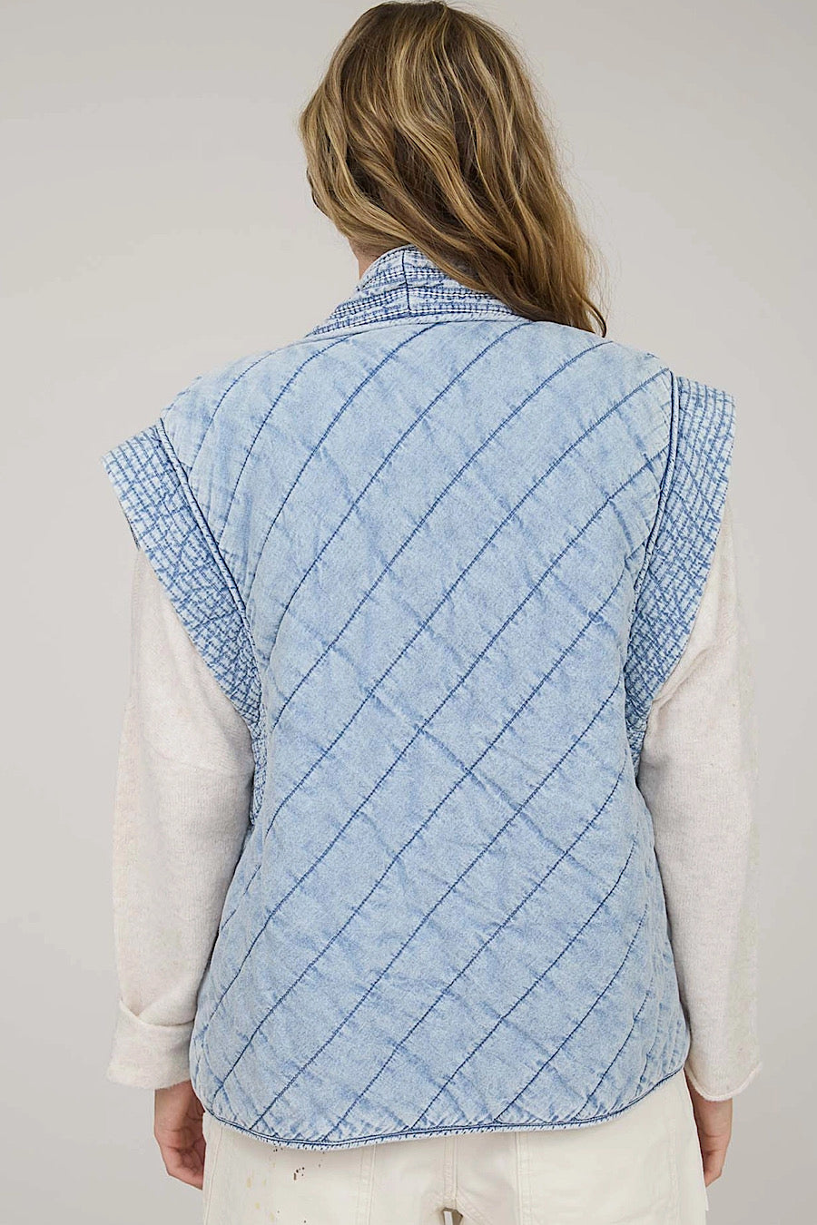 Idol Quilted Washed Denim Shawl Vest