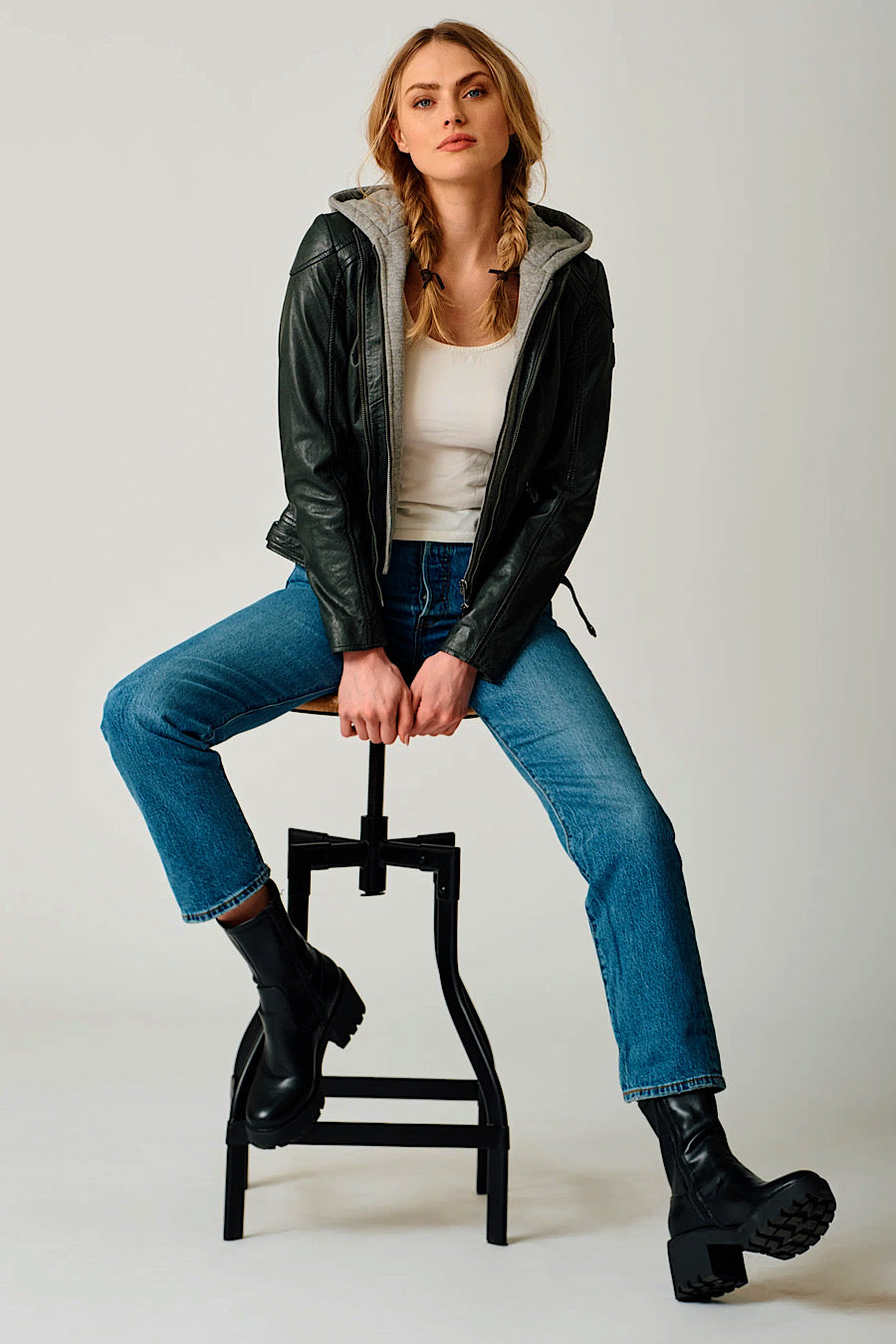 Allice Removable Hood Leather Jacket Black