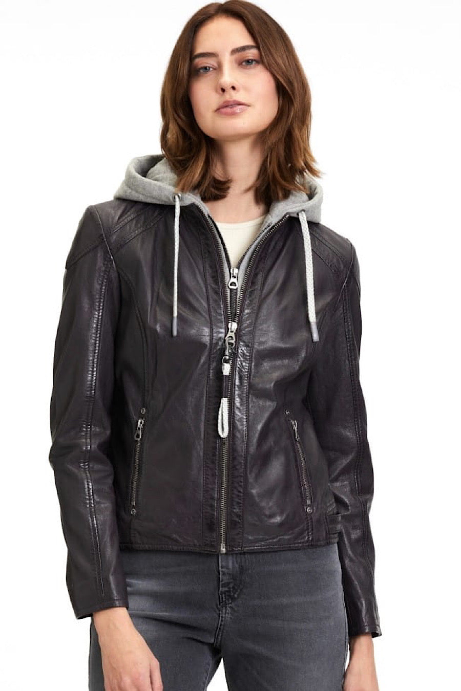 Allice Removable Hood Leather Jacket Black