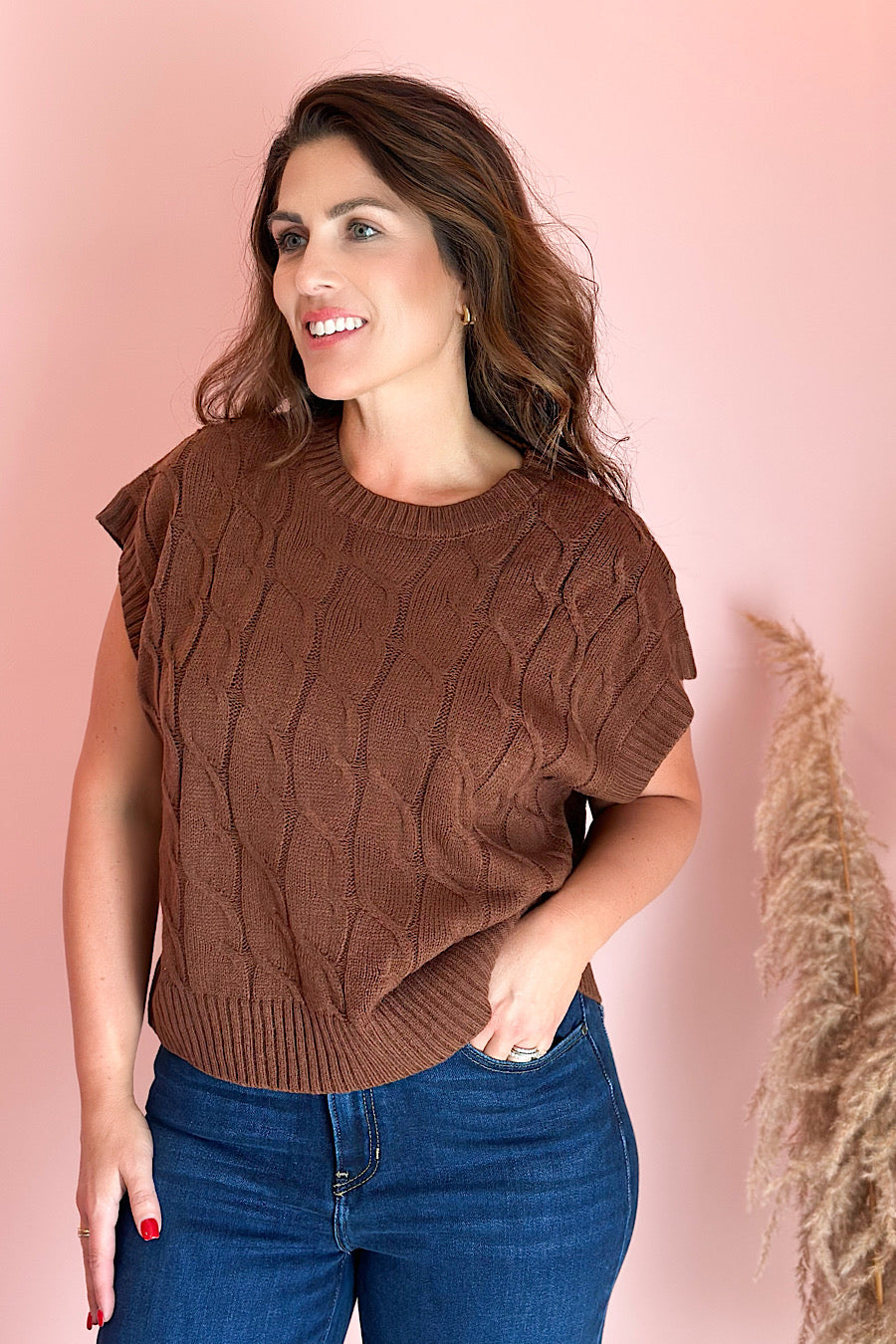 Chestnut Cable Knit Short Sleeve Sweater