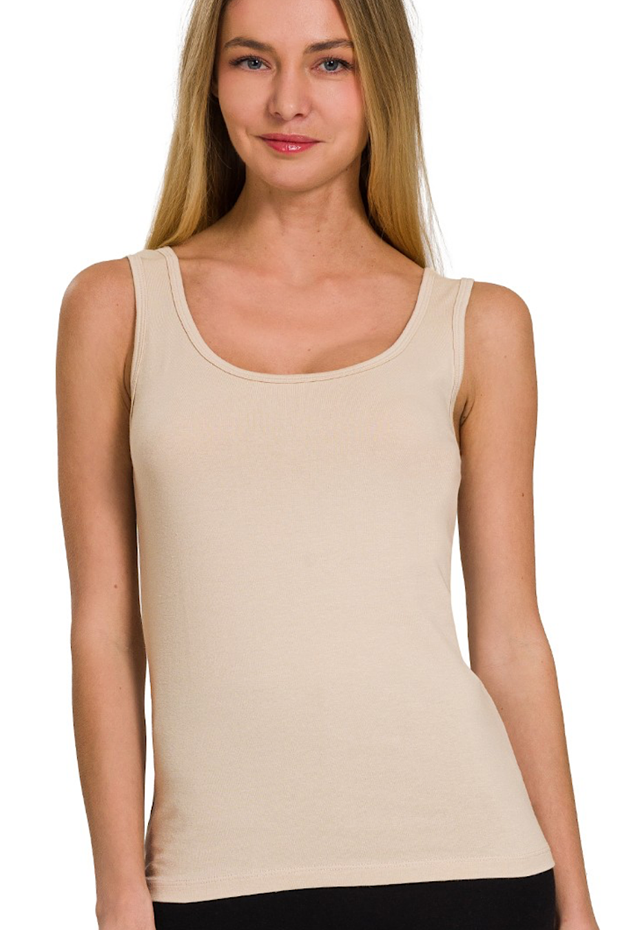 Cotton Scoop Neck Tank Top White,Black, Sand