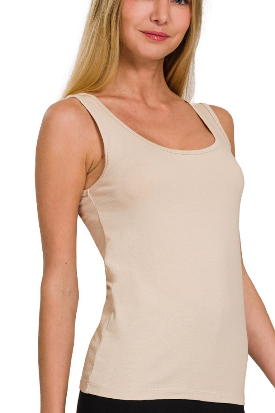 Cotton Scoop Neck Tank Top White,Black, Sand