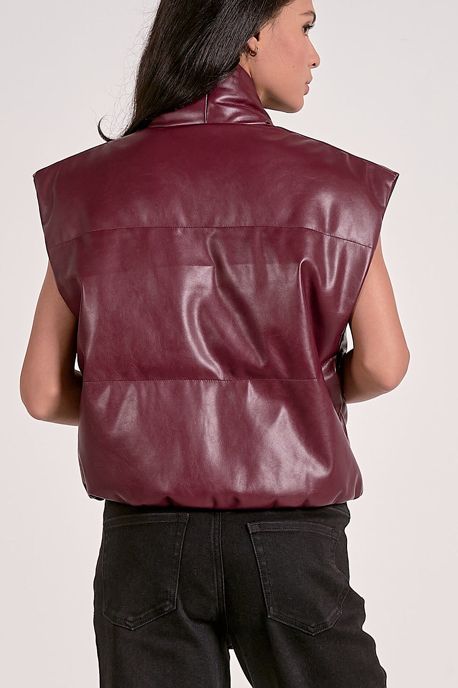 Ski Slopes Faux Leather Puffer Vest Plum