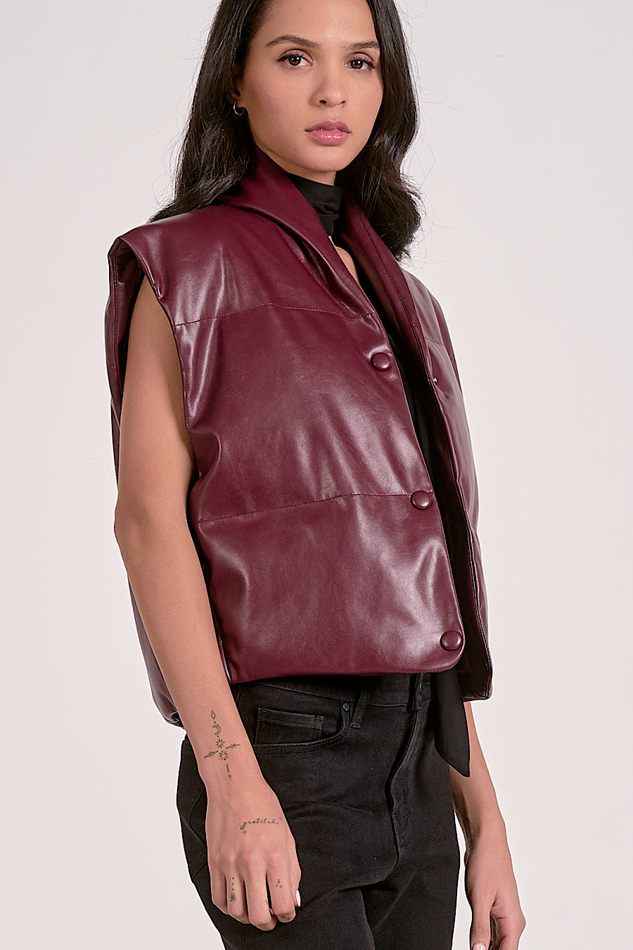 Ski Slopes Faux Leather Puffer Vest Plum