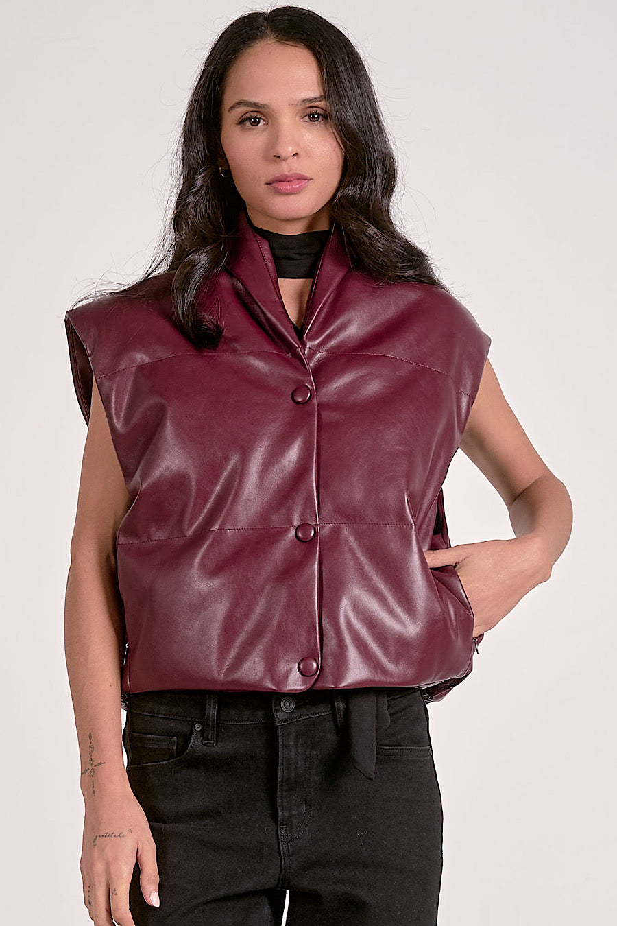 Ski Slopes Faux Leather Puffer Vest Plum