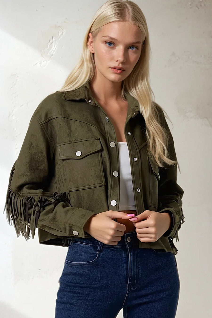 Ranch Hand Fringe Suede Shirt Jacket Olive