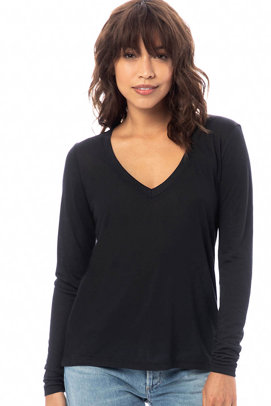 Slinky V-Neck Long Sleeve Tee in Black