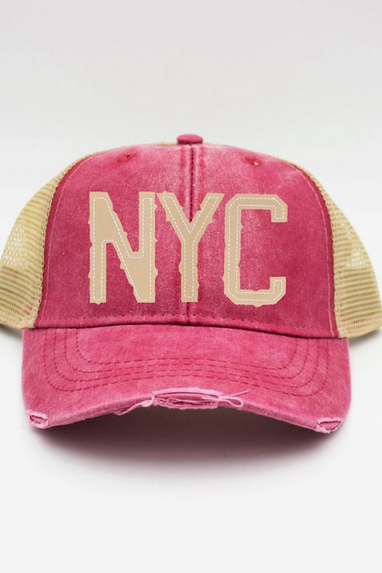 NYC Initial Patch Trucker Hat in Washed Red