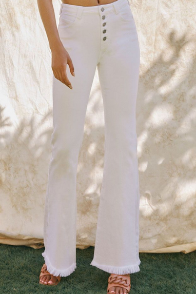 White Button Fly Flare Jeans