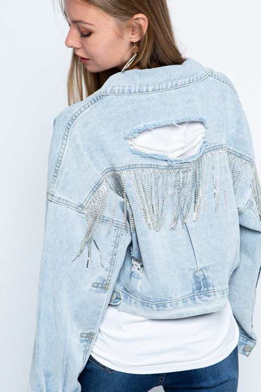 Carley Rhinestone Fringe Denim Jacket in Light Wash | Size Large | 100% Cotton | American Threads