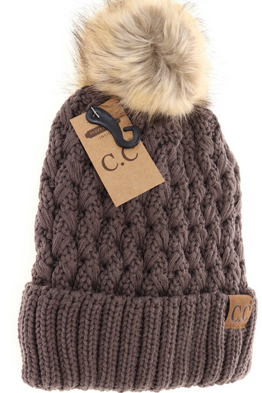 CC Lattice Fur Pom Beanie Hat in Black or Earth