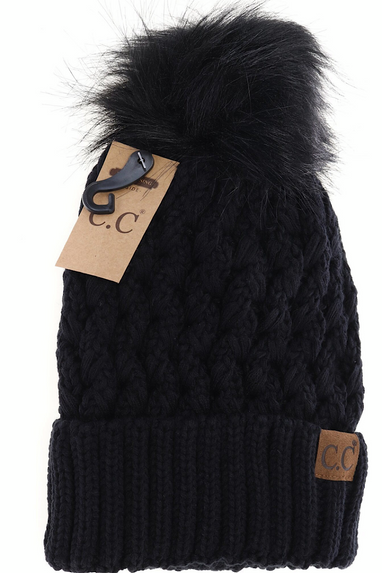 CC Lattice Fur Pom Beanie Hat in Black or Earth