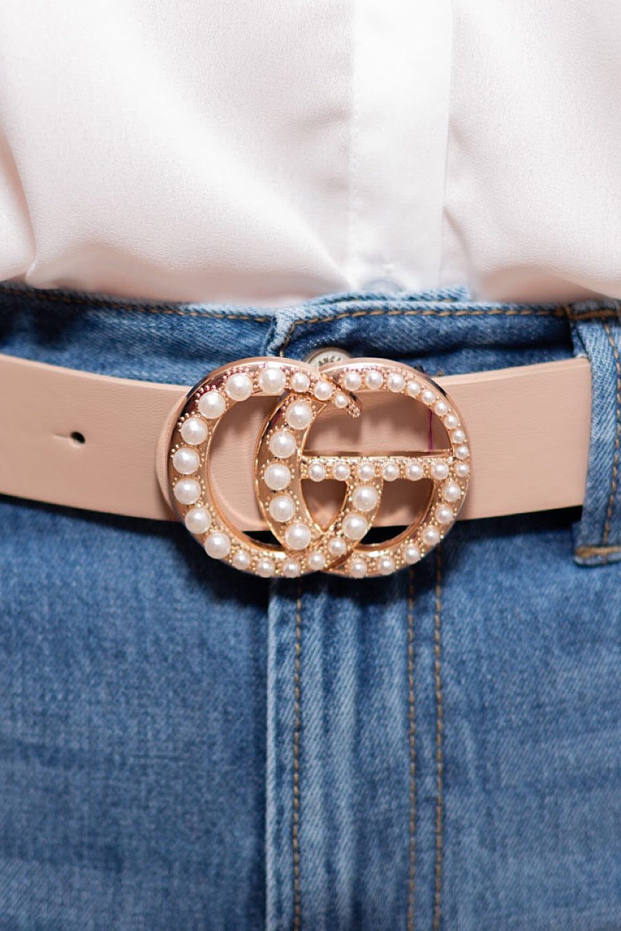 Dbl Pearl Buckle Belt in Taupe or Black