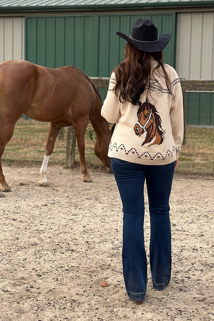 Free Rein Horse Jacquard Shawl Cardigan Sweater
