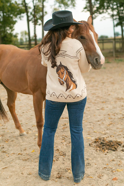 Free Rein Horse Jacquard Shawl Cardigan Sweater