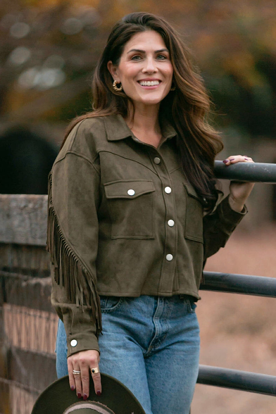 Ranch Hand Fringe Suede Shirt Jacket Olive