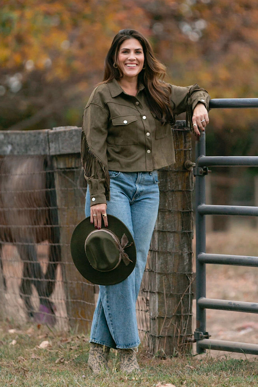 Ranch Hand Fringe Suede Shirt Jacket Olive