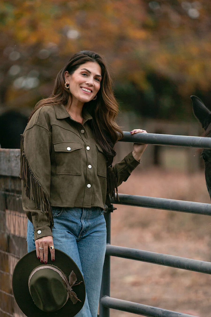 Ranch Hand Fringe Suede Shirt Jacket Olive