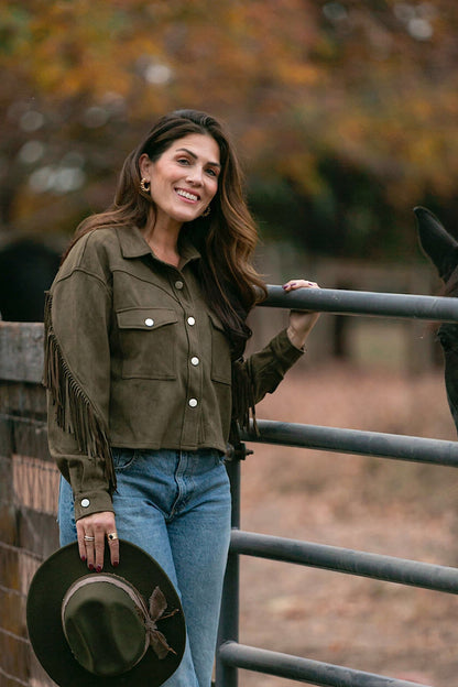 Ranch Hand Fringe Suede Shirt Jacket Olive