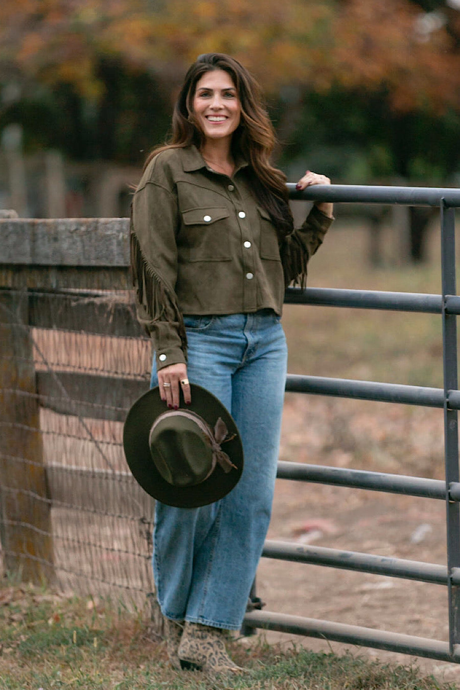 Ranch Hand Fringe Suede Shirt Jacket Olive