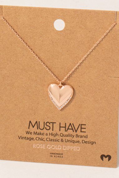 CZ Pave Edge Heart Pendant Necklace Rose Gold & Gold